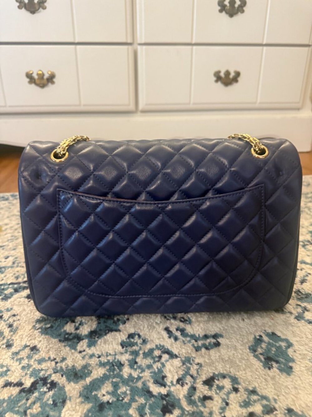 Ainifeel Navy Quilted Leather Bag with Gold Chain - Picture 2 of 16